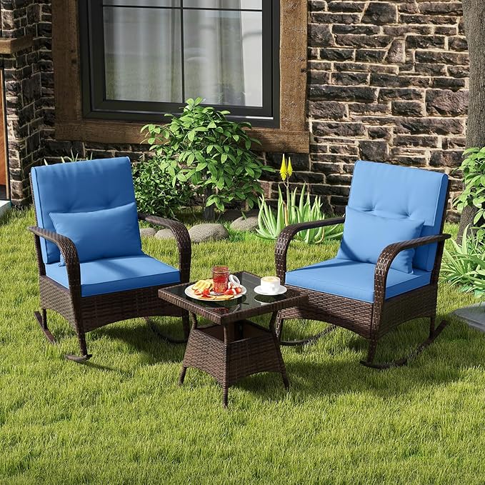 ORALNER 3 Pieces Patio Furniture Set, Outdoor Wicker Rocking Chairs with Cushions, Pillows, Glass Coffee Table - Photo 9