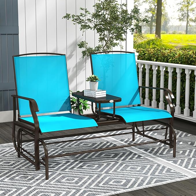 GOWE Outdoor Glider Bench with Center Table, Metal Frame Patio Loveseat with Breathable Mesh Fabric and Armrests for Backyard Garden Porch, Blue