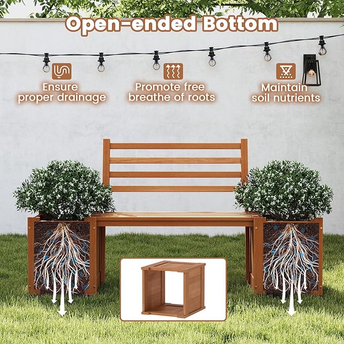 Outdoor Planter Bench with Boxes, Wood Seat with 3 Open-Ended Base Garden Beds & Backrest, 2-in-1 Wood Planter Bench Deck Plant Box for Porch, Patio, Garden & Backyard