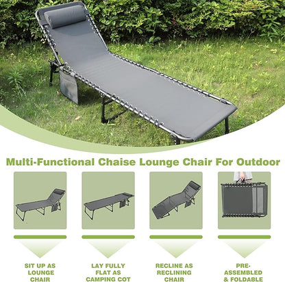 BlueWish Outdoor Chaise Lounge, Folding Lounge Chair with 5 Position Reclining Backrest, Removable Pillow, Storage Bag, Patio Chaise Lounges for Beach, Patio, Poolside