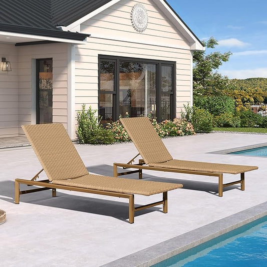 PURPLE LEAF Patio Chaise Lounge Chairs Outdoor Set of 2, Wicker Pool Lounge Chairs for Outside with Adjustable Backrest, Aluminum Sunbathing Lounger for Patio, Poolside, Garden, Light Brown