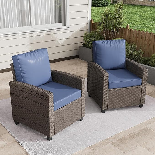 2 Pieces Patio Furniture Set, Outdoor Wicker Chairs Set of 2, All Weather High Back Rattan Chairs, Seating Club Chair Porch Chairs Set with Cushions for Balcony Porch Deck, Blue