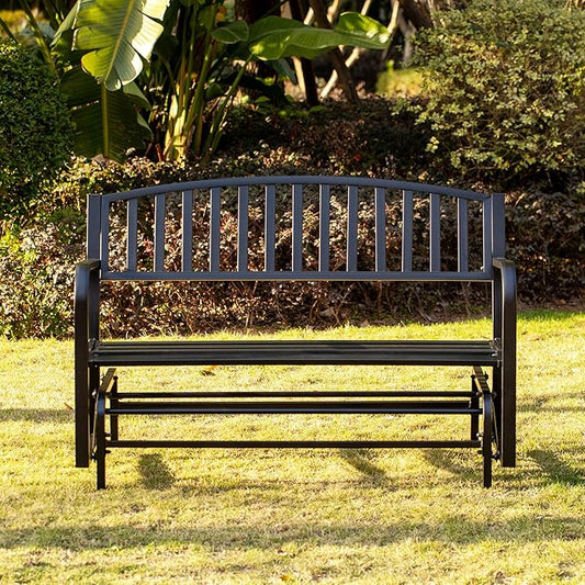 Gardenised QI003392 Outdoor Black Steel Swing, Powder Coated Glider Bench, Loveseat Lawn Rocker Bench for Yard, Patio, Garden and Deck