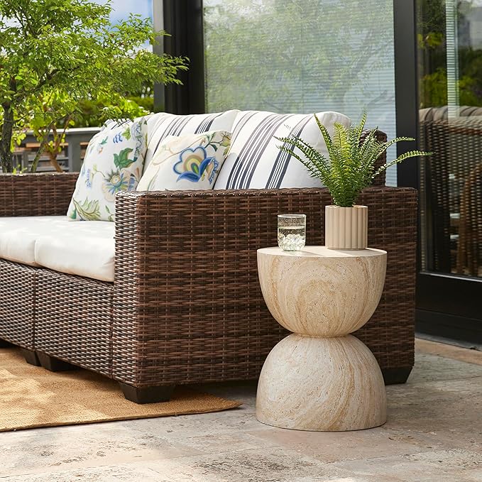 Glitzhome Outdoor Side Table Set of 2, 17.75" H Decorative Garden Stool MGO Hourglass Faux Terrazzo End Table, Round Planter Stand for Indoor Outdoor Living Room Bedroom Patio Deck Poolside