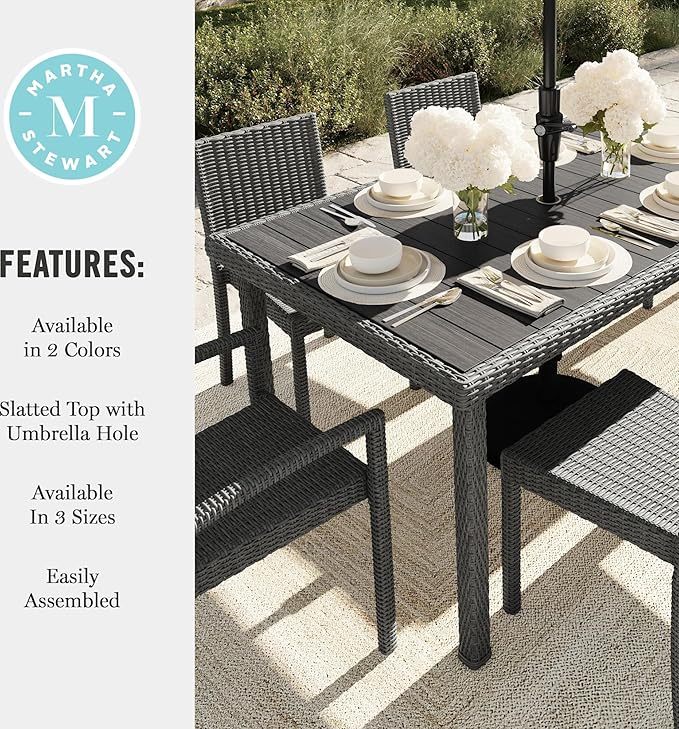 Martha Stewart Bedford 62" Indoor-Outdoor Patio Table with Faux Wood Top and Rattan Wicker Finish in Gray