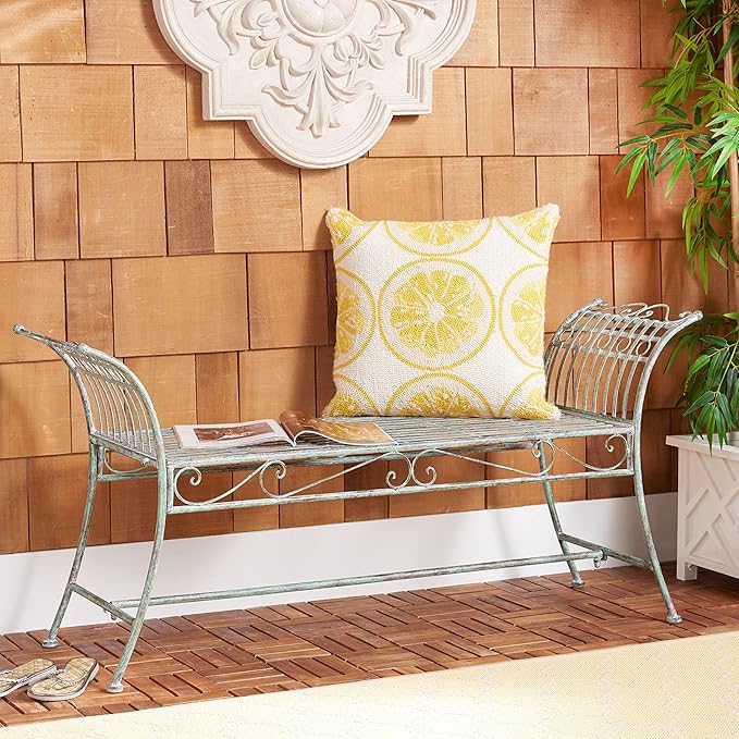SAFAVIEH Outdoor Collection Hadley Victorian Scroll Antique Dark Green Wrought Iron Bench