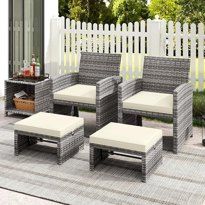 RELAX4LIFE Wicker Outdoor Ottoman Set of 2 - Rattan Footstools Foot Rest w/Removable Cushions, Multipurpose Side Table & Additional Seating, Outdoor Ottomans for Patio Garden Porch (Grey-Off White)