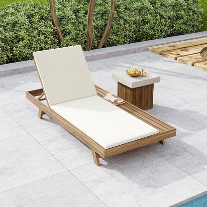 Christopher Knight Home Dami Patio Chaise Lounge Chair Outdoor with 2-Thick Cushion, Acacia Wood Poolside Sun Lounger, Space Available On One Side, Adjustable Backrest Pool Lounger, Light Brown+Cream
