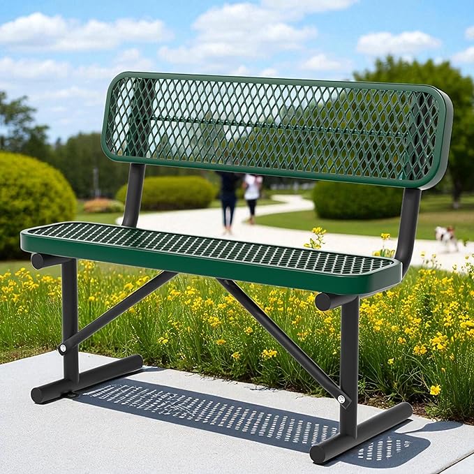 Park Benches for Outside, Garden Benches Weatherproof with Backrest - Heavy-Duty Metal Bench for Patio Porch Backyard School Sports Church Locker Room Bench Commercial-Grade Seating (Green, 4FT)