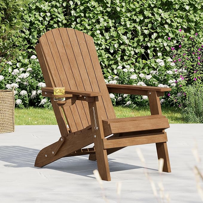 HDPE Foldable Adirondack Outdoor Chair with Cup Holder, Weather Resistant Heavy-Duty Patio Chair for Patio, Backyard, Deck, Fire Pit, Lawn and Porch, Teak