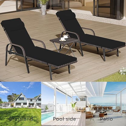 Patio Chaise Lounge Set 3 Pieces Outdoor Lounge Chair with Rattan Adjustable Backrest Armrest and Folding Table for Beach Patio,Sand, for Poolside Backyard Porch