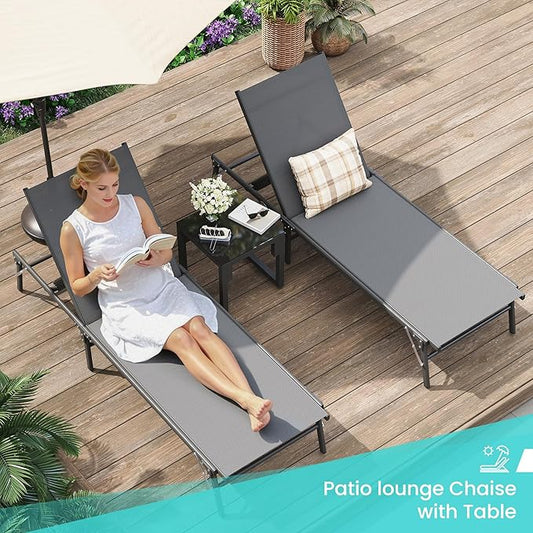 Amopatio Foldable Patio Lounge Chair, Portable Pool Chaise Lounges, Heavy Duty Iron Frame, Breathable Textilene,Weather Resistant, 5-Position Adjustable Backrest, 400 LBS Capacity,Gray