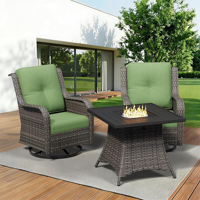 3 Pieces Outdoor Wicker Patio Furniture Set with Fire Pit Table, Swivel Rocker Patio Chairs Set with Thickened Cushions - Photo 1