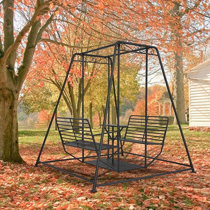 Kinfant 4-Seat Outdoor Patio Swing Chair with Stand, Heavy Duty 880 LBS Weight Capacity Metal Swing Bench with Table, 87”Height Porch Swings Set for Patio Garden Backyard, Steel