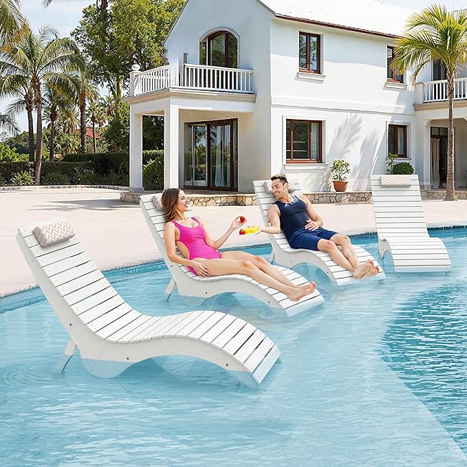 Pool Lounge Chairs Set of 2 - Anti-Floating HDPS Design for Pools & Backyard Sun Decks, Weighted Pool Chairs and Lounges for Poolside or Outside, Includes Headrest, White
