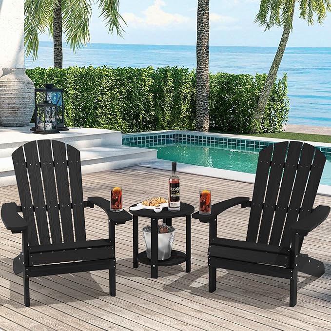 YEFU 3-Piece Adirondack Chair and Table Set: Outdoor Lounge Furniture Set - Outdoor Chair Plastic Weather Resistant with Wide Armrests for Patio Lawn Pool Porch Garden(Black