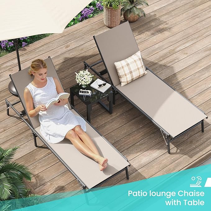Amopatio Foldable Patio Lounge Chair, Portable Pool Chaise Lounges, Heavy Duty Iron Frame, Breathable Textilene,Weather Resistant, 5-Position Adjustable Backrest, 400 LBS Capacity,Khaki