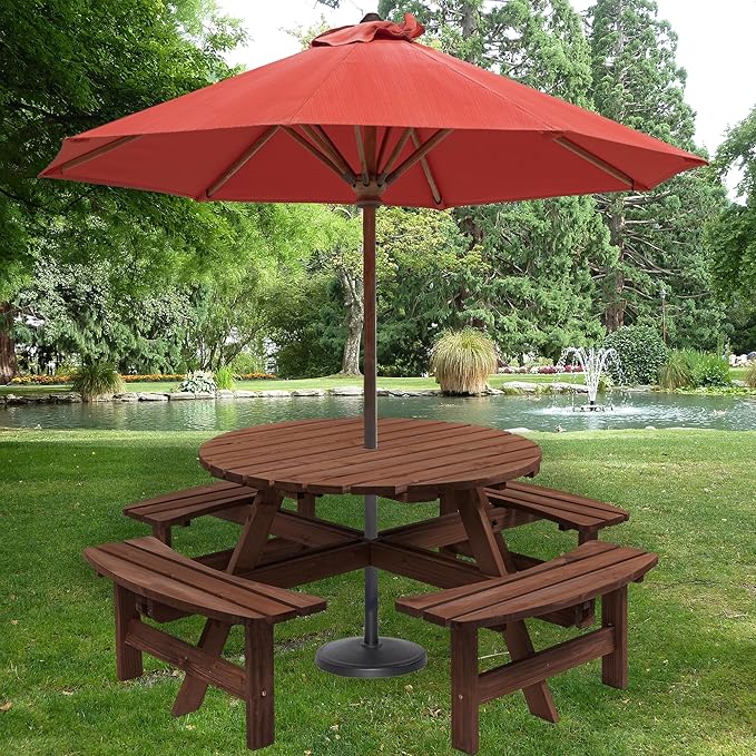 Wooden Picnic Table,Outdoor Wooden Dining Rectangle Table w/Umbrella Hole,for Patio,Garden,Backyard - Photo 1