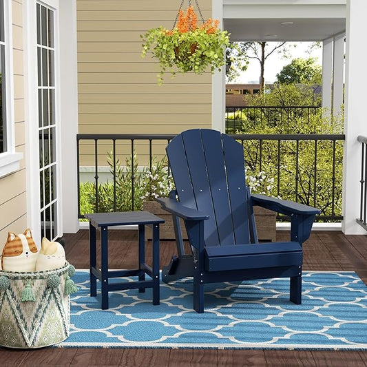WestinTrends Malibu 2-Pieces Adirondack Chair Set with Side Table, All Weather Outdoor Seating Plastic Patio Lawn Chair Folding for Outside Porch Deck Backyard, Navy Blue