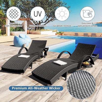 80.3" Chaise Lounge Outdoor Set of 6, Wicker Pool Lounge Chairs Outdoor with Pull-Out Side Table, Adjustable Reclining Patio Chairs, Tanning Chair, Sillas de Patio for Backyard/Balcony/Deck (Black)