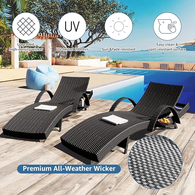 80.3" Chaise Lounge Outdoor Set of 4, Wicker Pool Lounge Chairs Outdoor with Pull-Out Side Table - Photo 7