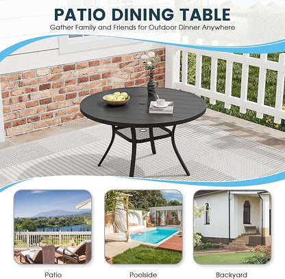 Patio Dining Table for 4, Round Metal Outdoor Table with Storage Shelf, 1.57" Umbrella Hole, 41" Outdoor Slat Tabletop Dining Table for Backyard, Porch, Lawn, Black