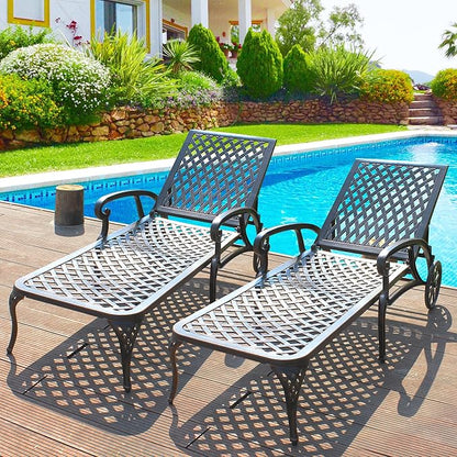 Chaise Lounges Outdoor - Lounge Chairs for Outside Set of 2 Pool Tanning Chair Adjustable Patio Reclining Cast Aluminum for Beach Yard, Antique Bronze