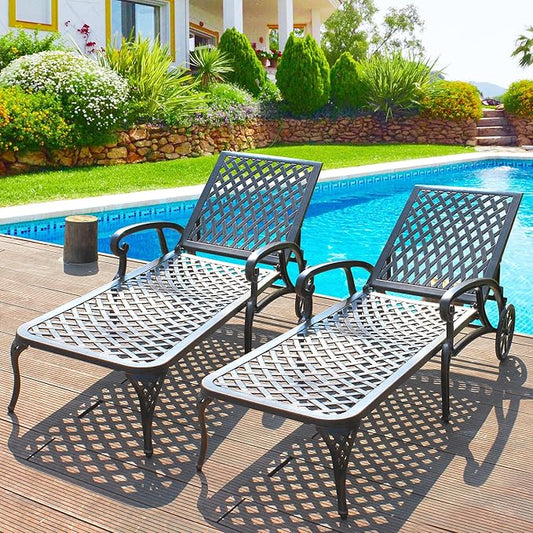 Chaise Lounges Outdoor - Lounge Chairs for Outside Set of 2 Pool Tanning Chair Adjustable Patio Reclining Cast Aluminum for Beach Yard, Antique Bronze