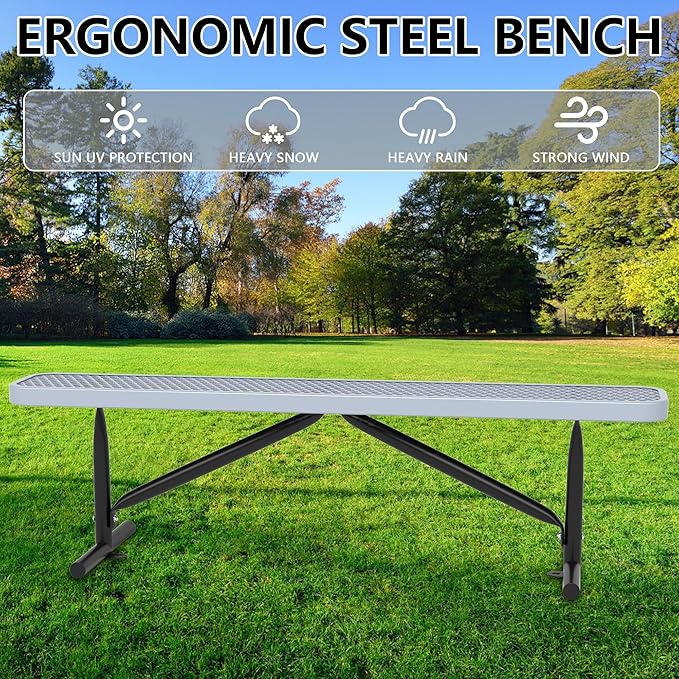 6 Feet Outdoor Steel Bench, Gray Heavy Duty Metal Park Bench for Outside, Weatherproof Dock Bench, 72" L Commercial Benches Mesh Bench for Shopping Mall, Store, Lawn, Park, Patio, Deck, Garden