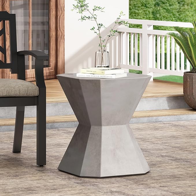 Outdoor Side Table Concrete End Table Faux Stone Small Coffee Tables, Garden Stool Plant Stand for Porch, Backyard Patio Silver-Octagonal