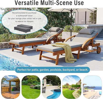 Acacia Wood Outdoor Patio Chaise Lounge, All Weather Reclining Lounge Chairs with Adjustable Backrest& Leg Rest, 2 Wheels, Headrest, Retractable Side Tray for Poolside Garden Beach (Gray-3.17)
