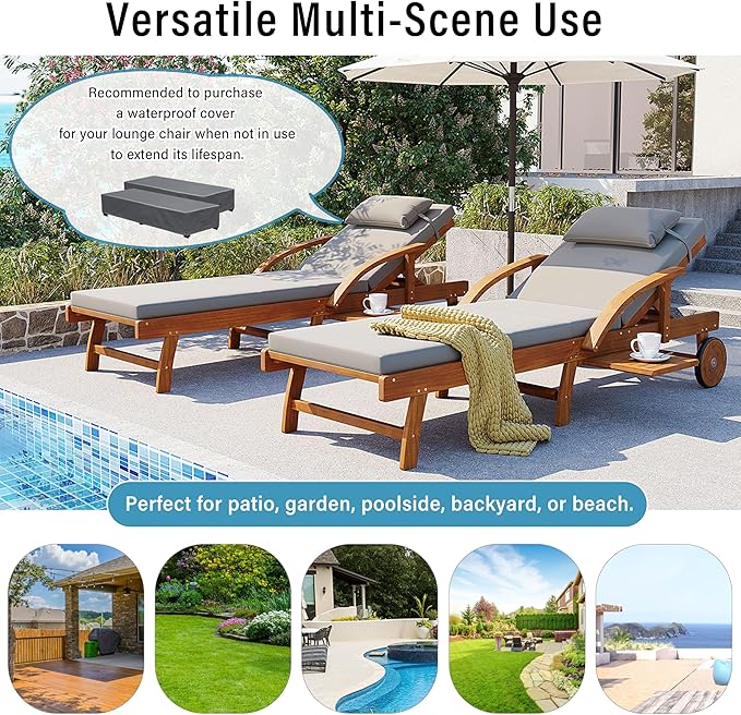 LUMISOL 77.5” Acacia Wood Chaise Lounge Chair, Patio Outdoor Chaise Lounge with Cushions, Adjustable Backrest, Leg Rest, Headrest, Retractable Side Tray for Patio, Pool, Garden, Grey
