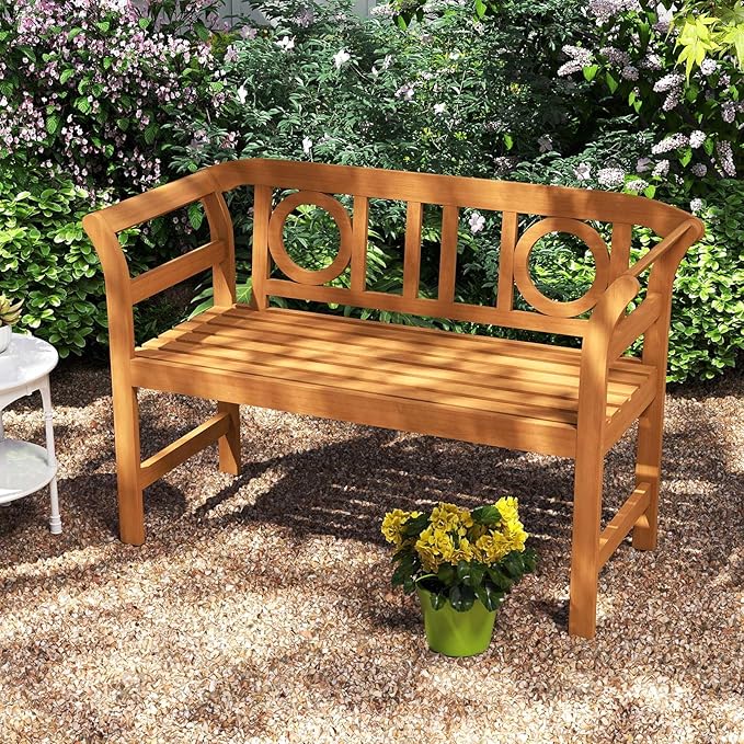 RELAX4LIFE Acacia Wood Outdoor Bench - 2 Person Patio Loveseat with Backrest and Armrests, 47 inch Garden Bench for Porch, Backyard, Poolside and Lawn, 800 lbs Weight Capacity