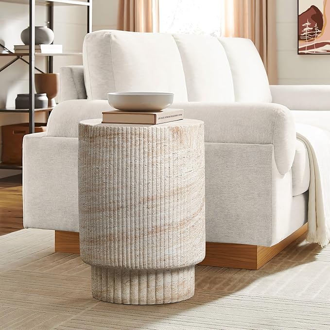 LuxenHome Outdoor Accent Side Table, 18'' Travertine-Style Outdoor Furniture, Round with Ribbed Cement End Table for Patio Backyard Balcony, Modern Coffee Furniture Gift