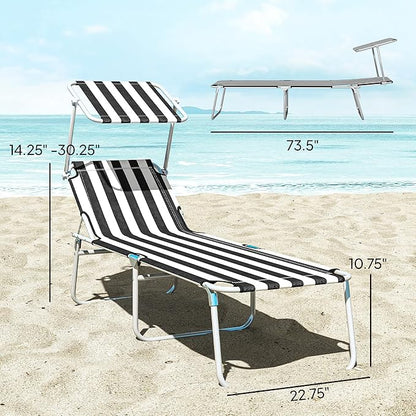 Outsunny Outdoor Lounge Chair, Adjustable Folding Chaise Lounge, Tanning Chair with Sun Shade for Beach, Camping, Hiking, Backyard, Black and White