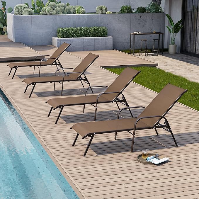 Crestlive Outdoor Chaise Lounge Chair,5-Position Pool Lounge Chairs with Armrests Sunbathing Recliner for Patio,Beach,Deck,Yard (4PC Brown)