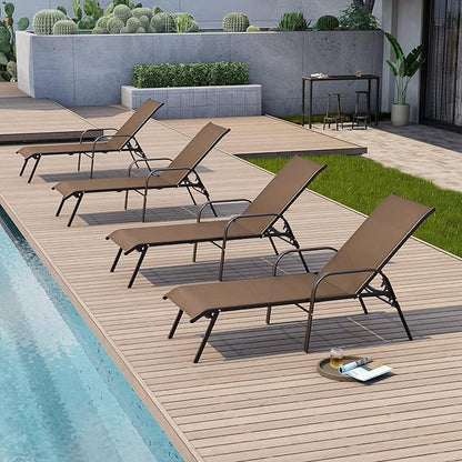 Crestlive Outdoor Chaise Lounge Chair,5-Position Pool Lounge Chairs with Armrests Sunbathing Recliner for Patio,Beach,Deck,Yard (4PC Brown)