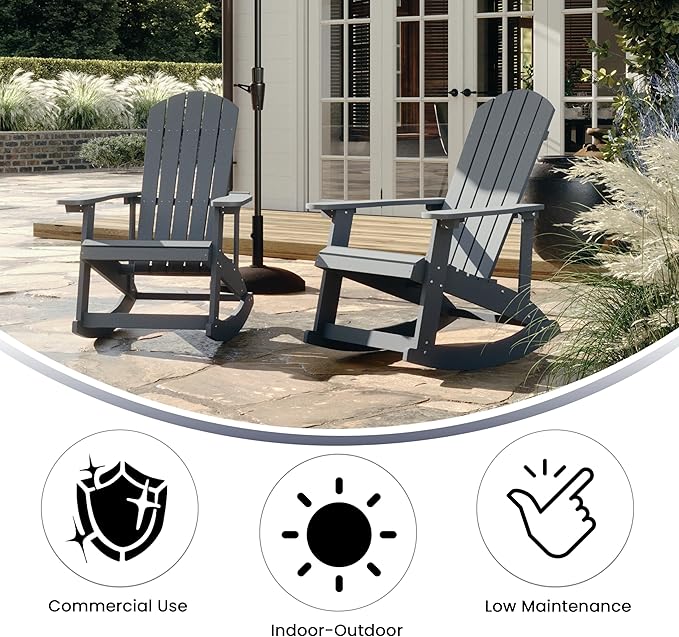 Flash Furniture Savannah Poly Resin Wood Adirondack Rocking Chair - All Weather Gray Polystyrene - Stainless Steel Hardware