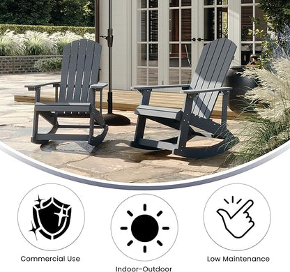 Flash Furniture Savannah Poly Resin Wood Adirondack Rocking Chair - All Weather Gray Polystyrene - Stainless Steel Hardware