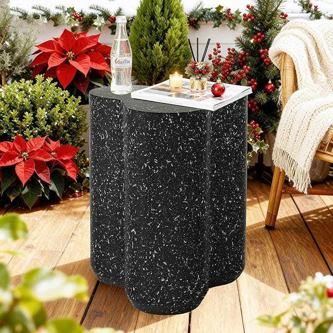 18" Modern Outdoor Side Table, Durable Lightweight MGO Faux Terrazzo Patio Accent Table, Black Coffee Table - Photo 5