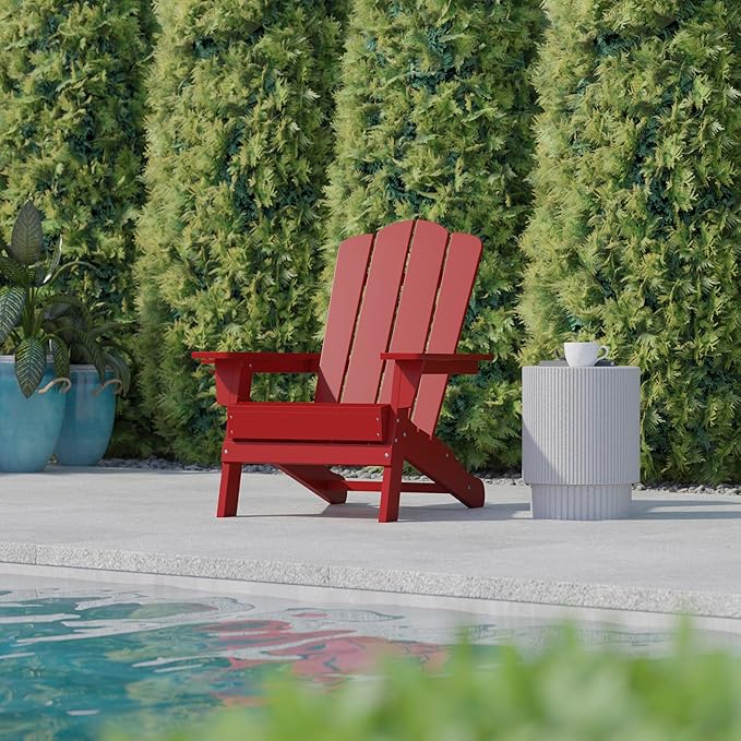Flash Furniture Newport Adirondack Chair with Cup Holder, Weather Resistant Poly Resin Adirondack Chair, Red - Photo 5