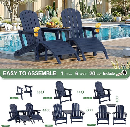 JY QAQA Outdoor Adirondack Chair Set of 2 with Detachable Table & Ottoman, All-Weather HDPE Patio Furniture with Wood Texture & Cup Holder for Patio, Poolside, Garden, Dark Blue