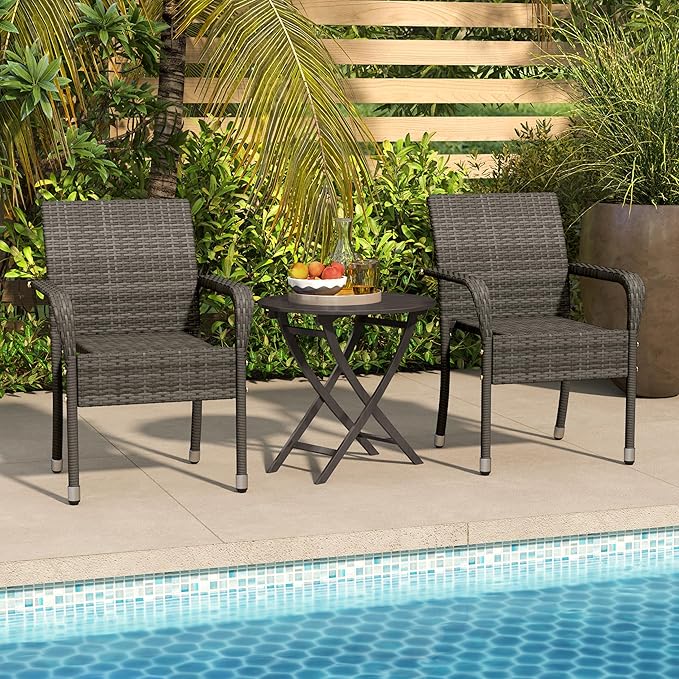 Yaheetech Set of 2 Stackable Outdoor Rattan Dining Chairs, All-Weather Firepits Armchair w/Armrests, Steel Frame for Garden, Patio, Deck, Yard, Poolside, Gray
