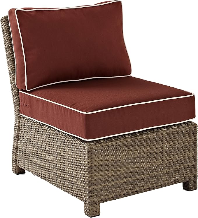 Crosley Furniture Bradenton Armless Outdoor Sectional Chair, Wicker Patio Chairs for Porch, Deck, Backyard, Brown with Sangria Cushions