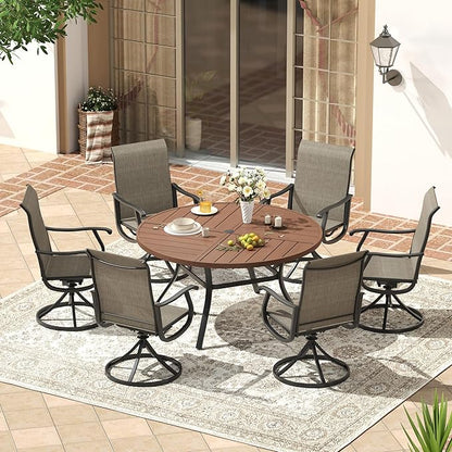 VICLLAX 47.2" Round Patio Dining Table for 4-6, All Weather Metal Outdoor Table with 1.57" Umbrella Hole and Storage Shelf for Garden Lawn Deck, Walnut
