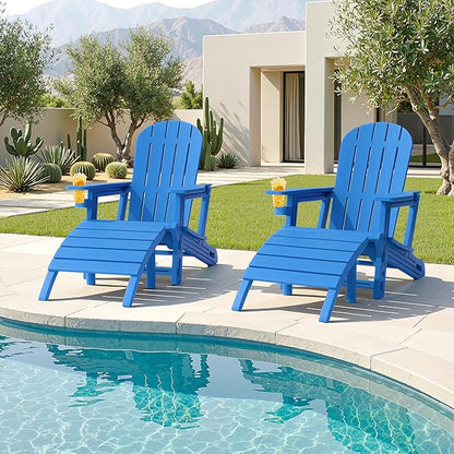 JY QAQA Outdoor Adirondack Chair Set of 2 with Detachable Table & Ottoman, All-Weather HDPE Patio Furniture with Wood Texture & Cup Holder for Patio, Poolside, Garden, Blue