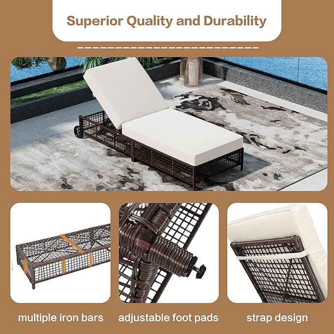 Sleek Outdoor Patio Chaise Lounge with 5-Position Adjustable Backrest, All-weather Rattan Lounge Chair Reclining with Cushion and Wheels for Porch Backyard Balcony Poolside Garden (Brown+Beige1)