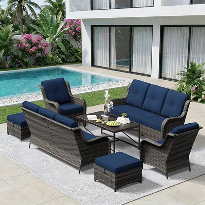 7 Piece Outdoor Wicker Patio Furniture Set, Patio Chairs Set with Thickened Olefin Cushions, High Back and Deep Seating, Hand-Woven PE Rattan, Ottoman for Porch, Deck