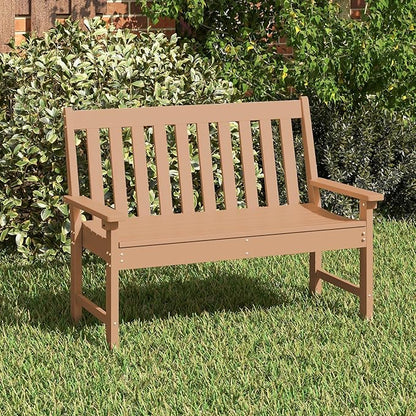 Tangkula HDPE Outdoor Garden Bench with Backrest, 2-Person All-Weather Patio Loveseat Chair with Slatted Seat, 705 lbs Weight Capacity, Patio Benches for Balcony, Garden, Porch, Backyard & Park, Brown