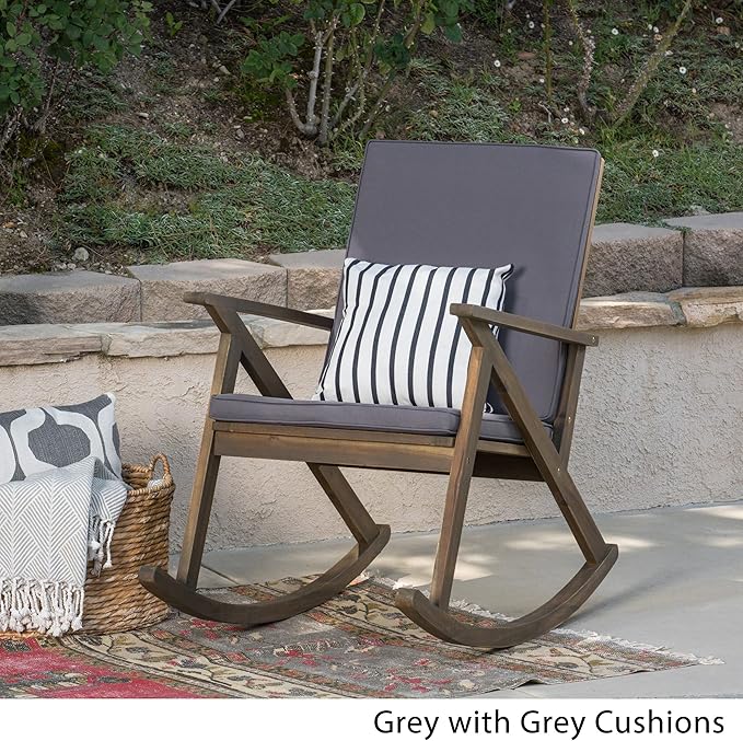 Christopher Knight Home Outdoor Acacia Wood Rocking Chair, Grey/Grey Cushion
